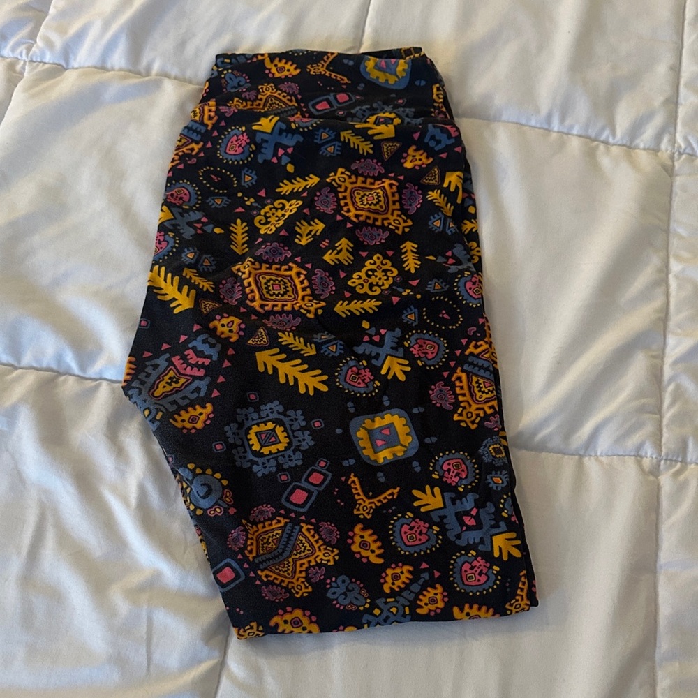 LuLaRoe Black Leggings with Multicolor Folk Pattern